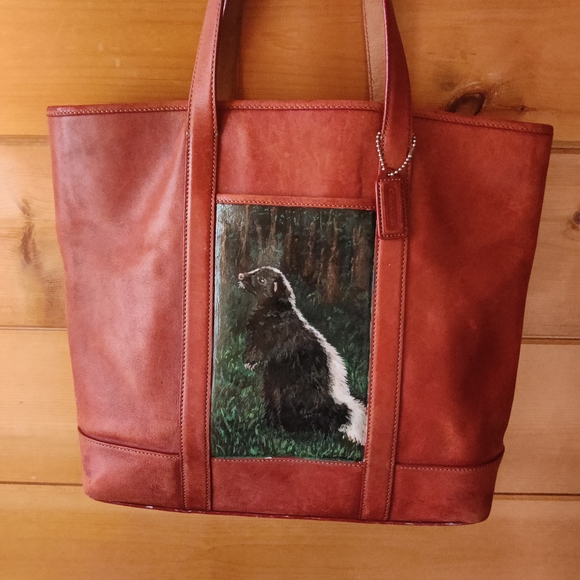 Upcycled Hand Painted Art Skunk Leather VTG Coach Hampton Tote Bag OOAK Nature